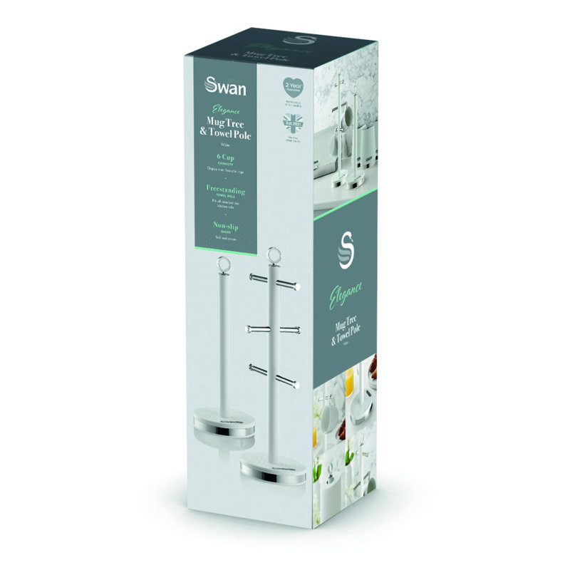 SWAN Elegance Towel Pole and 6 Cup Mug Tree Set with Textured Gloss Finish, Stainless Steel Accents and Non-Slip Bases