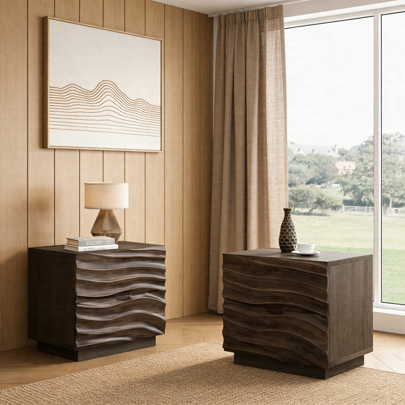Ensemble de 2 tables de bout en bois massif avec 2 tiroirs et tables d'appoint modernes sans poignée pour la chambre à coucher et le salon