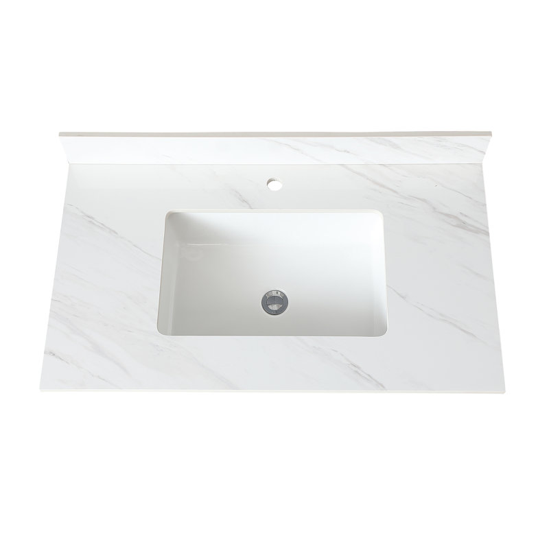 37 Inch White Sintered Stone Bathroom Washbasin Vanity Top With 4" Backsplash - Stone, Rectangular Middle Sink, Pre-Drilled Faucet Holes,
