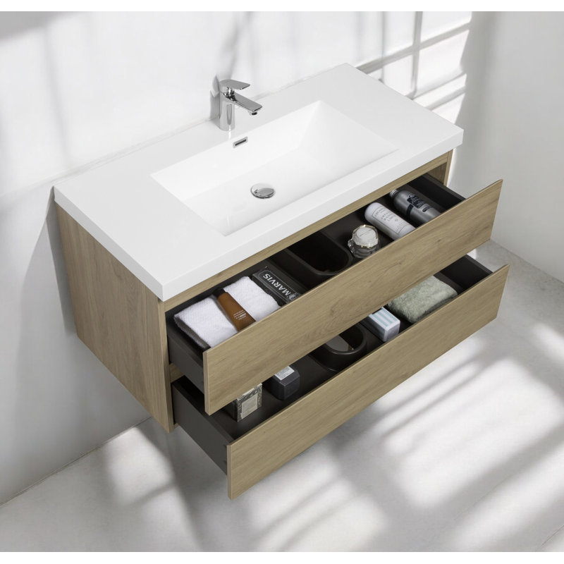 Meuble-lavabo mural simple 42 po avec plateau en résine Stone Carol-Ann, Chêne naturel