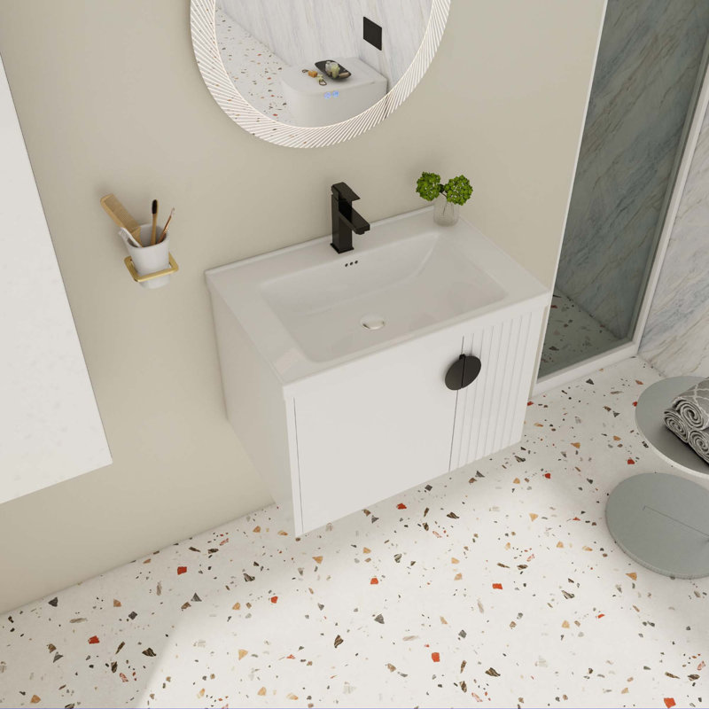 Meuble-lavabo de salle de bain avec lavabo, pour petite salle de bain, meuble-lavabo avec porte à fermeture douce, Blanc, 28"