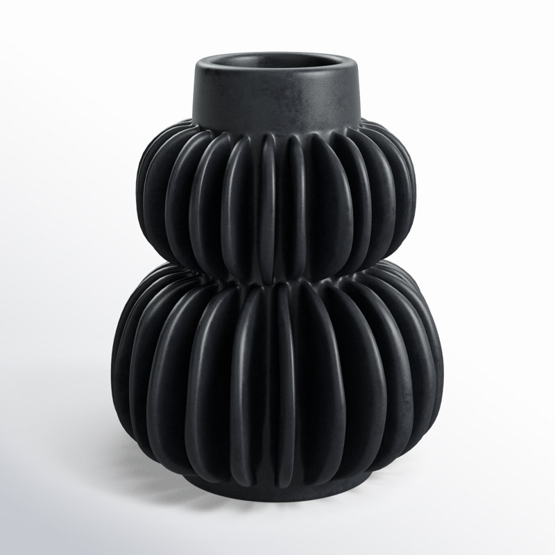 Black Pleated Stoneware Sculptural Vase