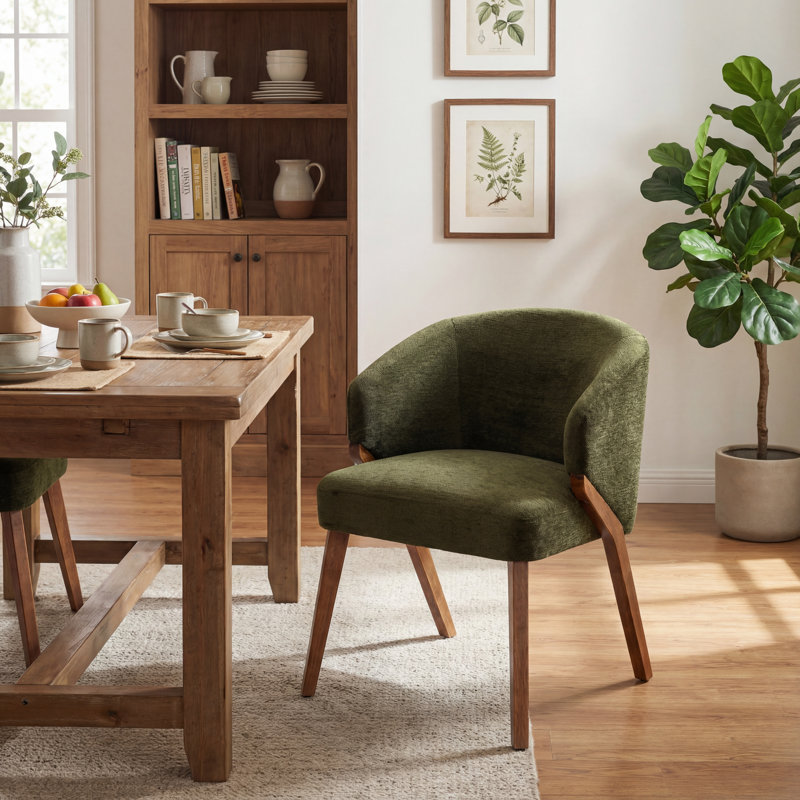 Upholstered Dining Chair with Wooden Legs, Green Chenille