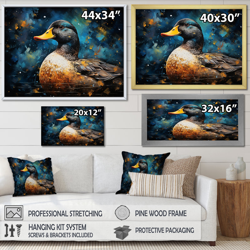 Canard bleu baroque «Elegance I», art mural animaux de canard, H 16 po x l 32 po x P 1 po, Cadre flottant doré