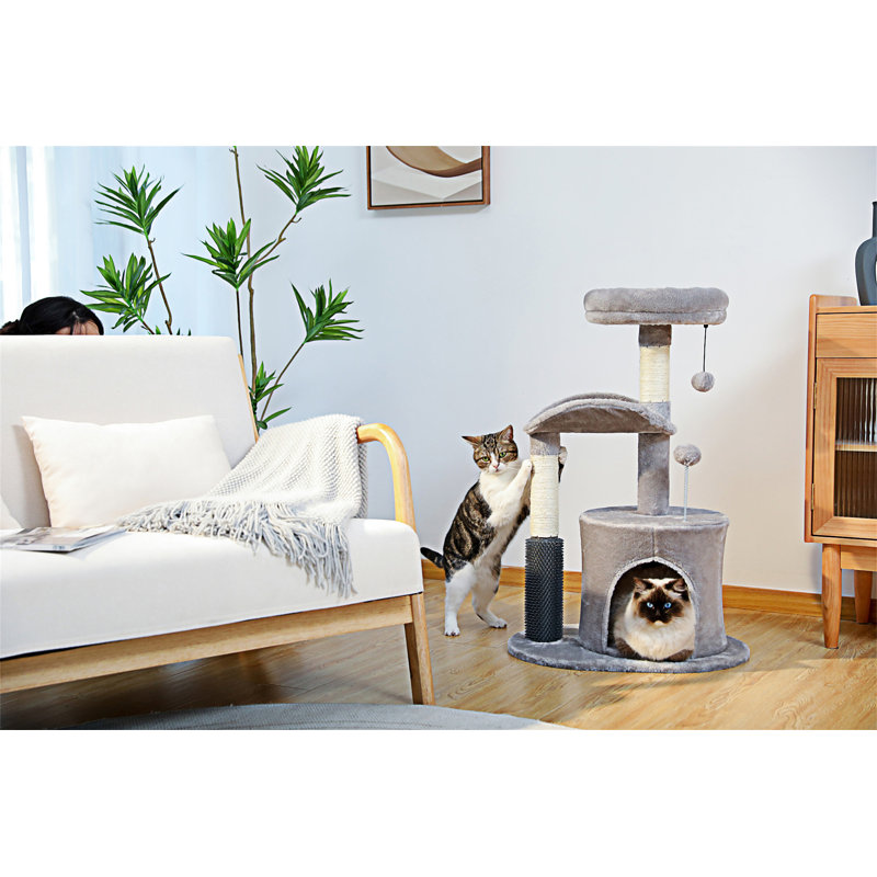Petit arbre à chat pour chat d'intérieur, tour de chat moyenne avec jouet pour chat interactif, condo pour chat 32,7 po avec brosse auto-toilettée, griffoir naturel pour chat, boules pendantes pour petits et moyens chats