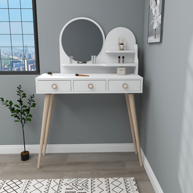 Table de maquillage élégante avec miroir, blanc, 51,4 po x 29,1 po x 13,8 po | 100% panneau de particules enduit de mélamine, épaisseur: 0,7 pouce | Pieds en bois de hêtre | Design moderne pour des vestiaires élégants et des salons de beauté