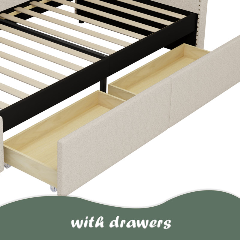 Modern Style Twin Size L Shape Corner Bed, Linen Upholstered Daybed With Two Storage Drawers, Beige