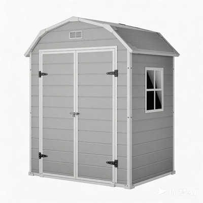 Remise de rangement extérieure en résine 6 pi x 4,5 pi avec plancher, rangement de jardin résistant aux intempéries pour la cour arrière, remise en plastique durable avec portes doubles pour outils et équipement