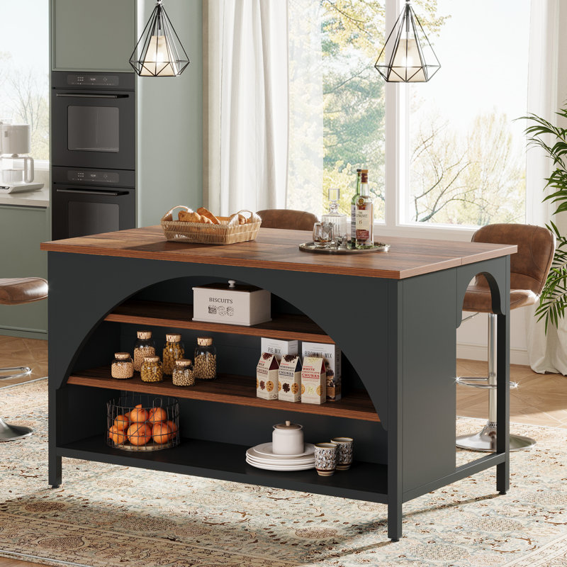 Îlot de cuisine avec 3 tablettes de rangement, table de bar 55 po, Brun rétro et noir