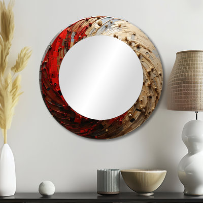 Gold Red Minimalism Spiral Poteries I - Abstract Spirals Wall Mirror, Gold Round Decorative Mirror, Printed Metal Art