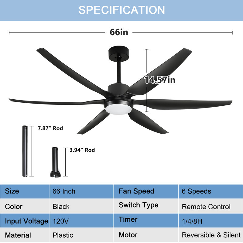 66" Wood Ceiling Fans with Lights Remote Control, Indoor Outdoor, Black with Black Blades