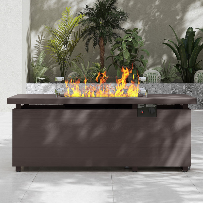 21" H X 51" W Metal Propane Outdoor Fire Pit Table With Lid, Glass Wind Guard, 50,000 BTU Propane Fire Pit Table, Brown