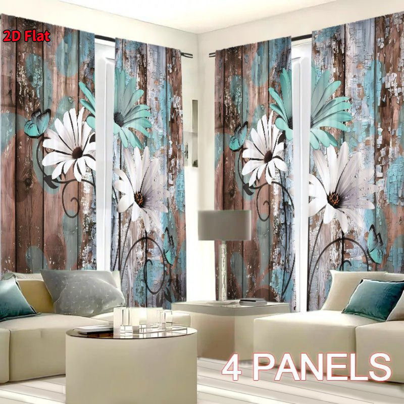 4Pcs Wood Grain Retro Blue Flower Pattern, Adopting Pocket Pole Installation, Digital Printing Curtains, Suitable for Living Room, Kitchen, Bedroom, Study, Bathroom, Hotel, Dining, Home Decoration