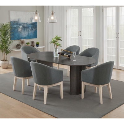 7-Piece Dining Set with 80" Gray Oak Finish Oval Table, Dual Pedestal Base & 6 Gray Upholstered Barrel Chairs