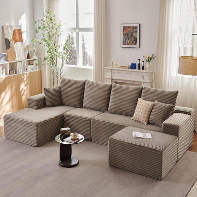 135" L-Shape Sofa with Ottoman, Modern Modular Sectional Comfy U-Shape Cloud Couch, Deep Seat, Upholstered Corduroy Sleeper Chaise Longue for Living Room Bedroom, No Assembly Required, White