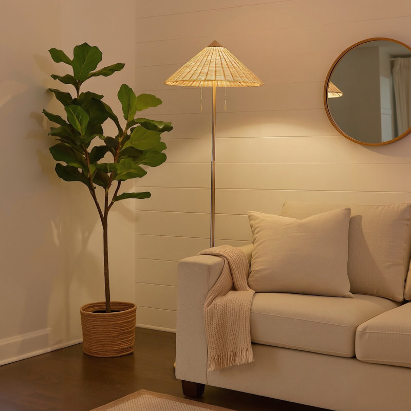 65.4" 2-Light Rattan Floor Lamp with Cone-Shaped Shade and Pull Chains
