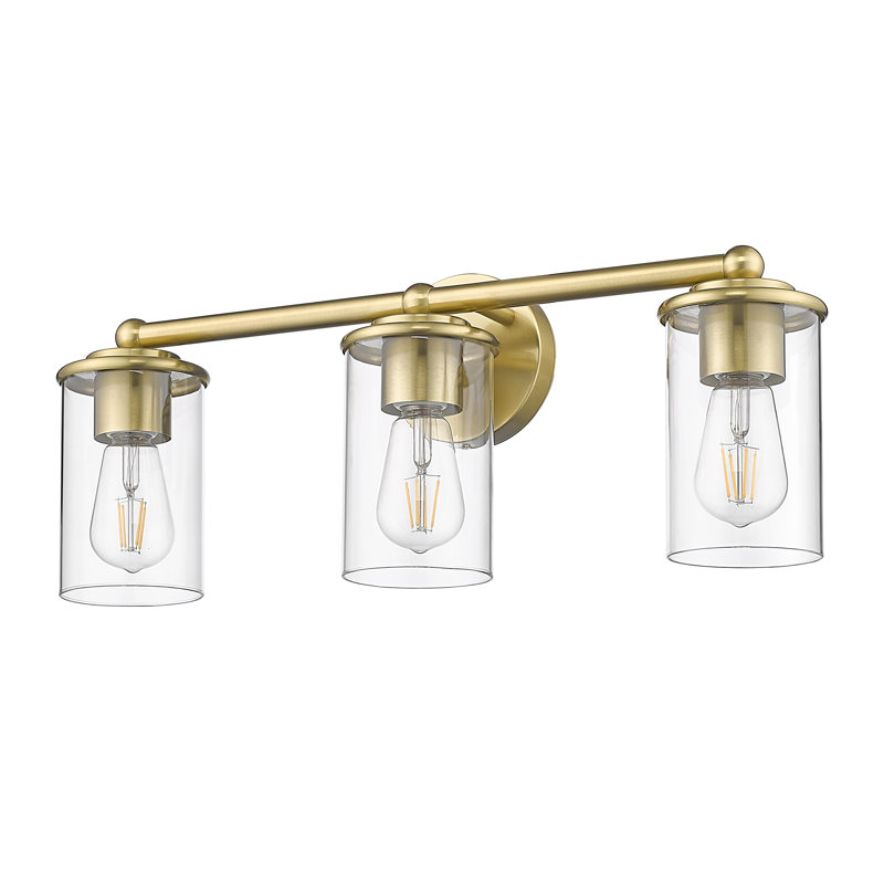 Éclairage de salle de bain à intensité variable en acier 3 lumières avec abat-jour en verre transparent Cheetham, Or luxueux