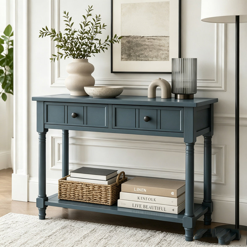 Console Traditional avec deux tiroirs et tablette inférieure, Navy