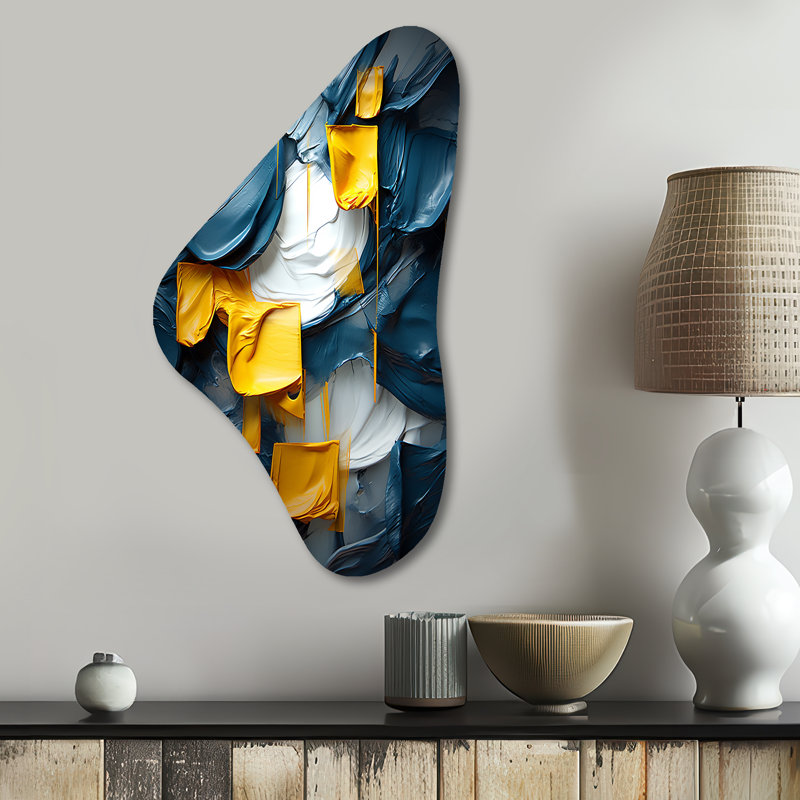 «Spring Bliss Abstract Turquoise and Yellow I», peinture abstraite en forme de Boomerang, art mural en métal asymétrique