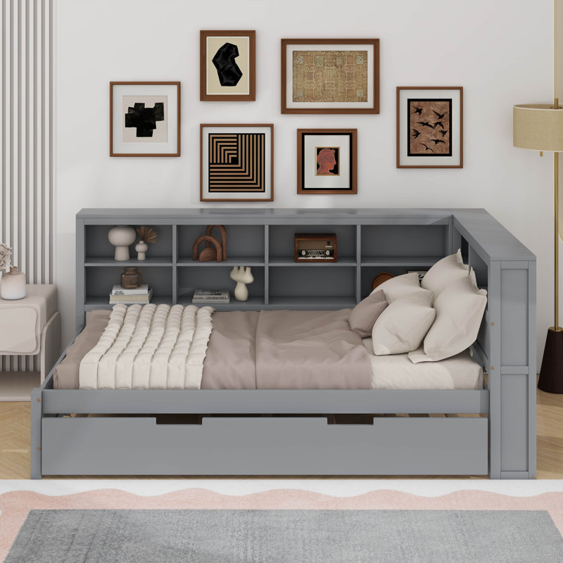 Lit de jour simple avec lit gigogne, tablette et port USB, Gris