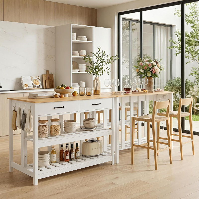 Îlot de cuisine 47,2 po avec prises de courant et 2 grands tiroirs - Table pour îlot de ferme avec 2 tablettes ouvertes, support à vin, 6 crochets pour le salon, la salle à manger et le café-bar, blanc
