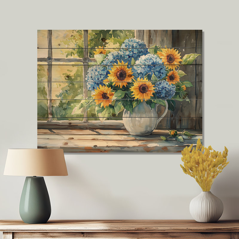 Hortensias et tournesols ferme II - impression d'hortensias sur bois de pin naturel, H 24 po x l 32 po