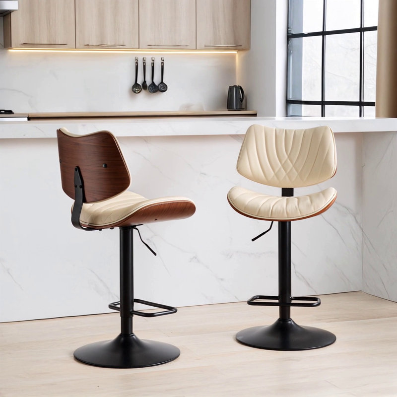 Mid Century Modern Adjustable Counter Height   Upholstered 360°Swivel Bar Chairs, Beige Faux Leather