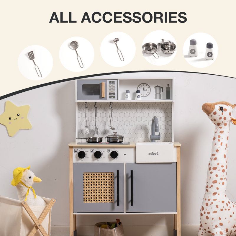 Gray Wooden Play Kitchen Set with Lights and Sounds