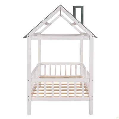Twin Size Wood House Bed with Fence