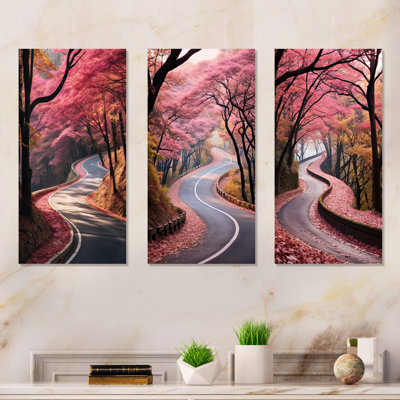 «Pink Blooming Road Into The Forest I», ensemble de 3 impressions sur art mural