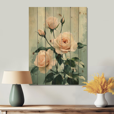 Pink Green Garden Roses Serenity I - Roses Wood Wall Art - On Natural Pine Wood