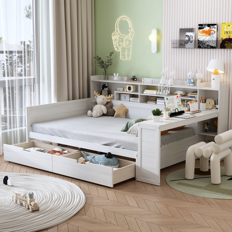 Lit de jour moderne avec rangement et bureau Dreamlet, Complet/Double, Blanc antique