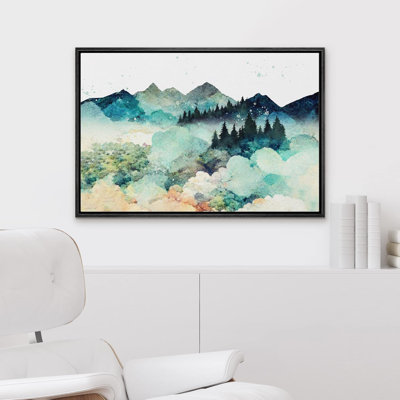 Woodland Forest Landscape " IDEA4WALL Framed Canvas Print Wall Art Watercolor Mountain Range Forest Nature Wilderness Illustrations Modern Art Decorative Country Farmhouse For Living Room, Bedroom, Office "