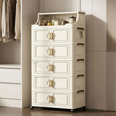 Lot de 5 bacs de rangement pliables avec couvercles, boîte de rangement empilable de 68 L avec portes et roulettes, organisateur d'armoire de cuisine verrouillable, tiroirs en plastique pour chambre, dortoir ou garage