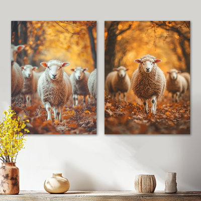«Autumn Wanderers Sheep Portrait I» - ensemble de 2 impressions murales en métal grand animal