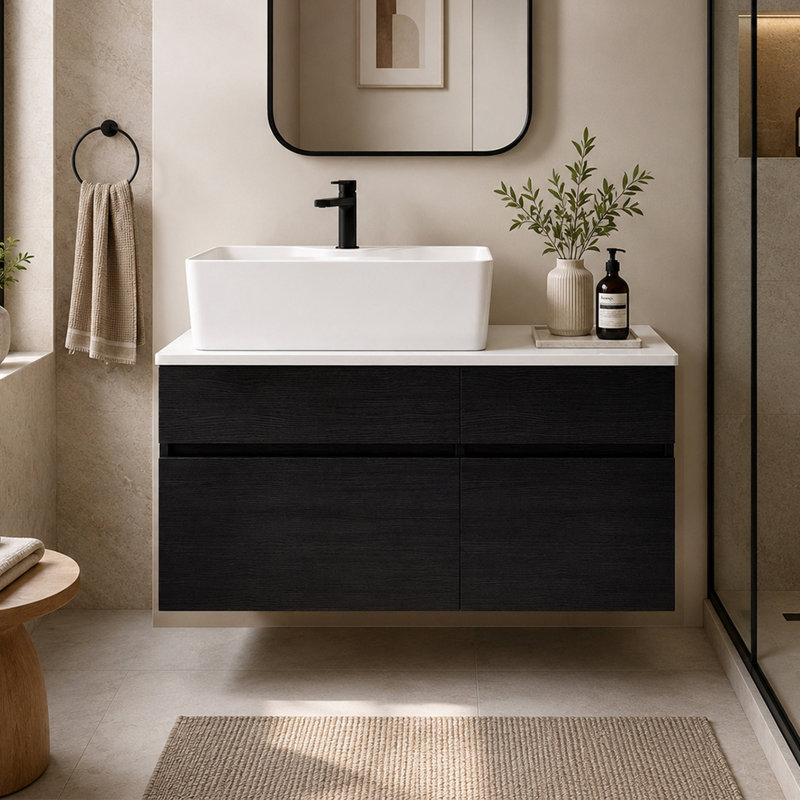 Meuble-lavabo flottant moderne 31,5 po avec lavabo en céramique, tiroir et armoire pour espaces compacts, fixation murale