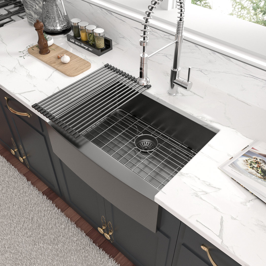 27" L x 21" W Farmhouse / Apron Kitchen Sink Single Bowl SUS304 Stainless Steel Sink with Sink Grid Sarlai 