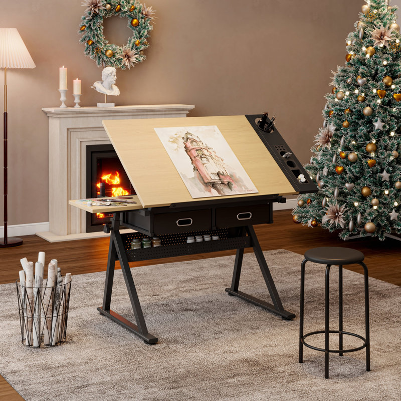 Table de dessin réglable avec 2 tiroirs pour bureau à domicile et école avec tabouret (érable), Érable / noir