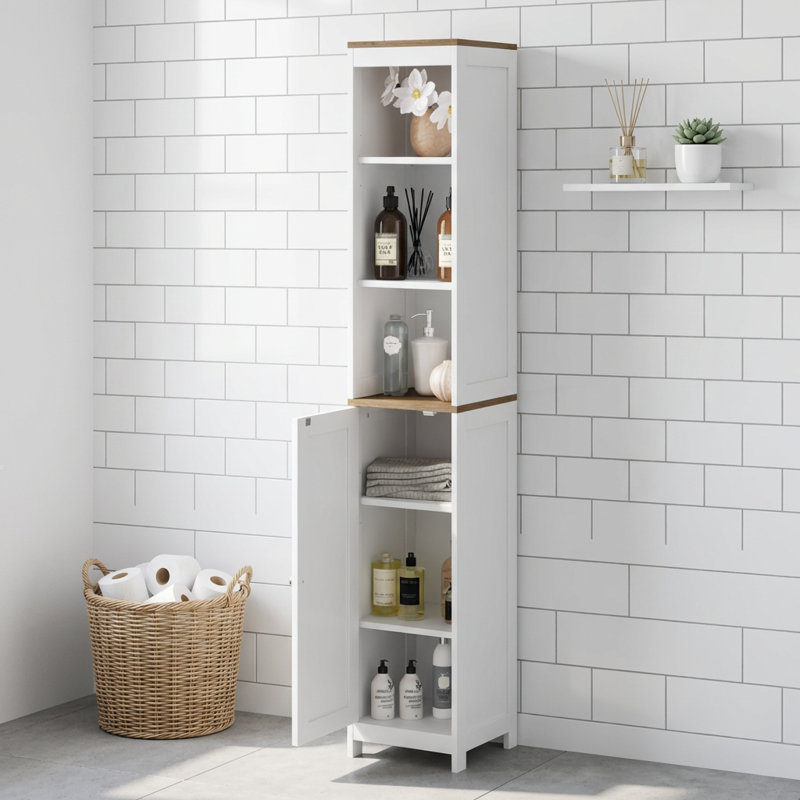 Freestanding Tall Bathroom Storage Tower with Reversible Door and Adjustable Shelving