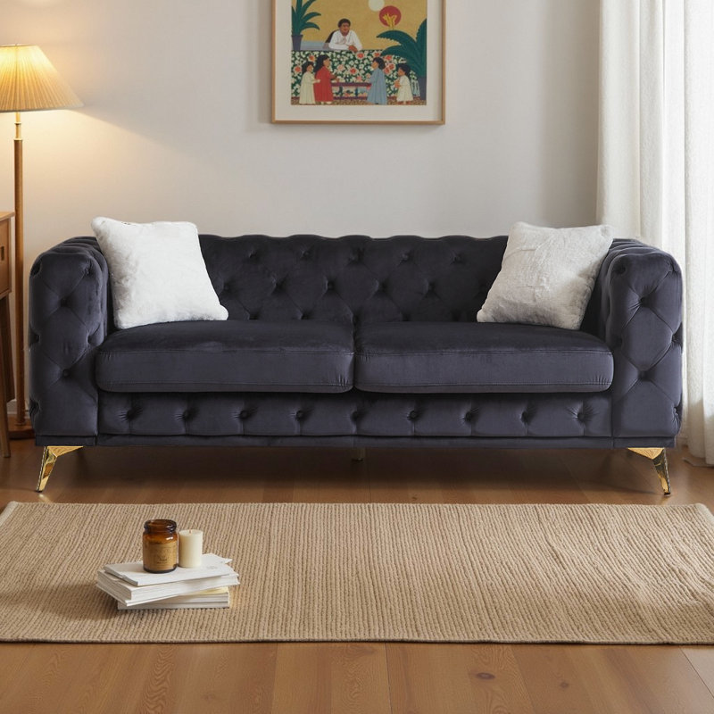 Canapé Chesterfield 82,5 po en velours 3 places avec capitonnage à losanges et pieds en métal, canapé luxueux avec 2 coussins pour le salon (capacité de 750 lb)