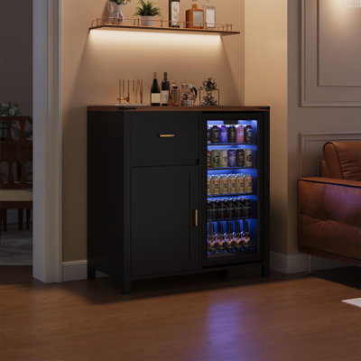 Coffee Bar Cabinet Mini Fridge Space & Drawer, Wine Stand Warm Brown Top, Beverage Organizer for Kitchen & Office, Black