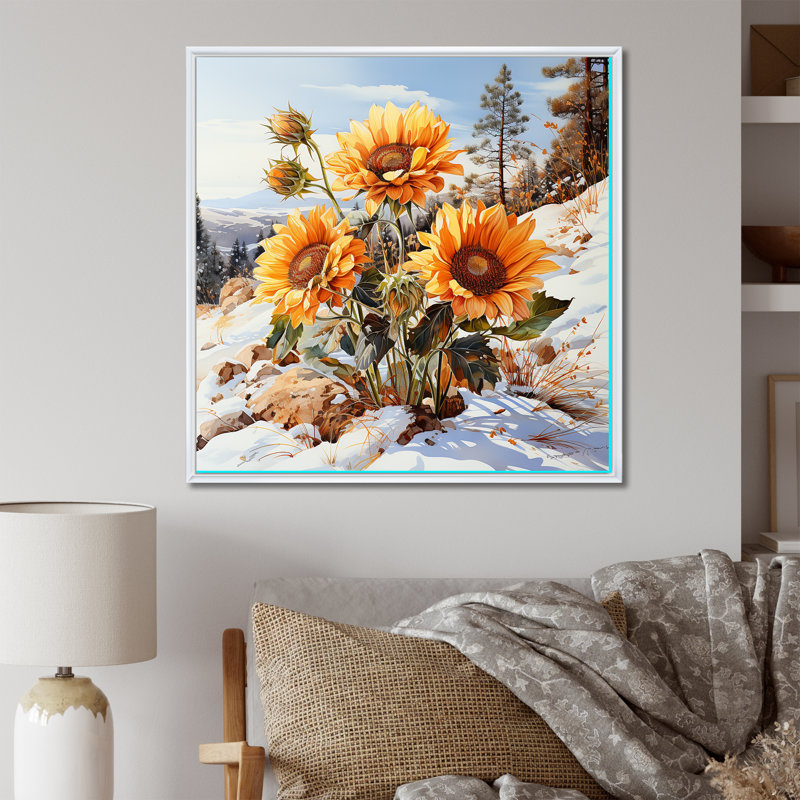 Charme de tournesols en hiver - impression, Cadre flottant blanc, H 16 po x l 16 po x P 1 po