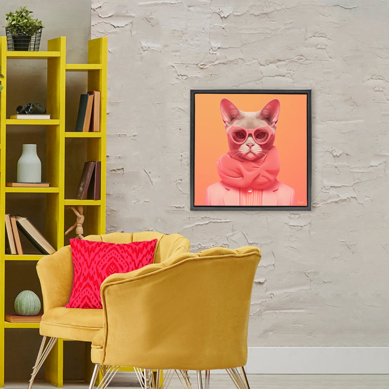 Chat rétro sur cadre flottant orange, design par Roozbeh, H 25 po x l 25 po, Cadre flottant noir de jais