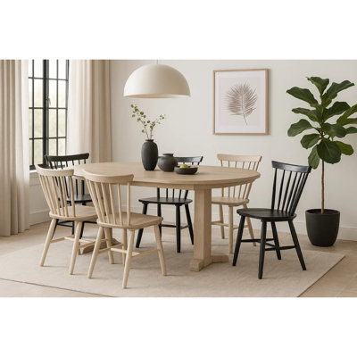 Hiny 7Pc Oval Dining Set With Extendable Table, 6 Chairs, White Oak