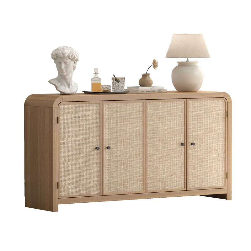 Cevat 60'' Boho Buffets & Sideboards with Rattan Sideboard Cabinet with 4 Doors, Yellow