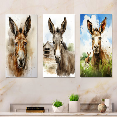Donkey Portrait Country Charm II - Donkey Metal Wall Art Set Of 3