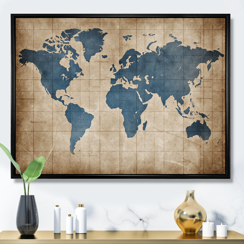 Ancienne carte du monde II - Impressions encadrées carte du monde, Cadre flottant noir, H 16 po x l 32 po x P 1 po