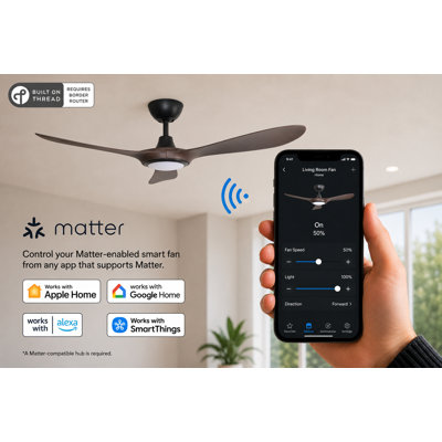 56" Smart Ceiling Fan Light, IP66 Outdoor/Coastal Rated, 3 Blades, 9-Speed Durable DC Motor, 3 CCT & Dimmable LED, Efficient & Quiet Operation, Reverse Rotation, Matter Smart Home & Remote Control, Timer, Weather Resistant, Black/Walnut Woodgrain