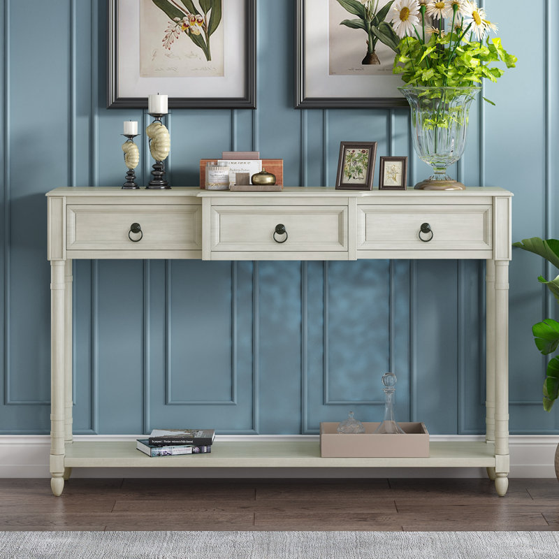 Console de rangement en bois Rakhi avec tiroirs saillants et longue tablette, Blanc