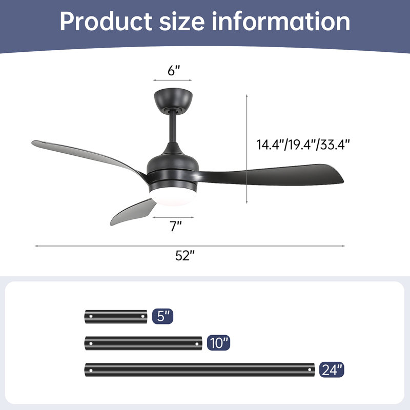 Ventilateur de plafond de 52 pouces avec 3 pales en ABS, télécommande, moteur à courant continu réversible, silencieux, 3 tiges disponibles, intensité variable à DEL